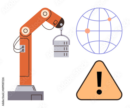 Robotic arm handling server, global network graphic, warning triangle with exclamation. Ideal for automation, innovation, industry, AI, data, cybersecurity risk management simple flat metaphor