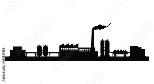 industrial skyline with smokestacks emitting pollution into air