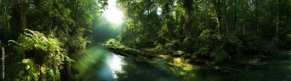 Obraz premium Panoramic hdr river scene lush forest nature
