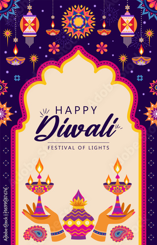 happy diwali, festival of lights vertical banner with flat design concept