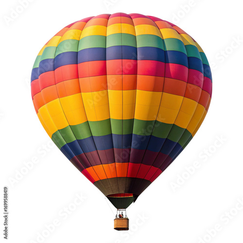 A colorful hot air balloon with a basket against a black background on a bright sunny day outdoors created with generated ai