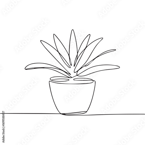 Simple black line art drawing of a cactus in a pot minimalist style on a white background.