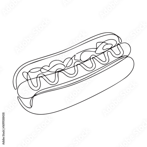 Simple black line art drawing of a hotdog in a minimalist style on a white background.