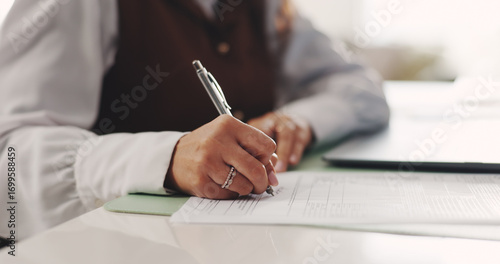 Fotografie Contract, hands and signature with business woman at desk in office to sign draft or proposal