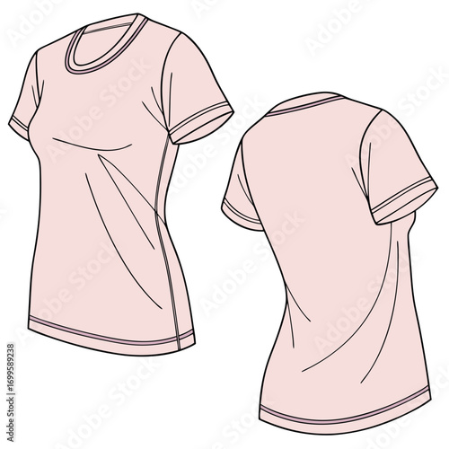 Professional fashion flat sketch of a women's short-sleeve t-shirt showing front and back views, perfect for apparel design mockups