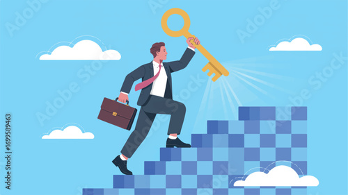 Vector art of a businessman climbs the stairs to success, holding a key to unlock potential