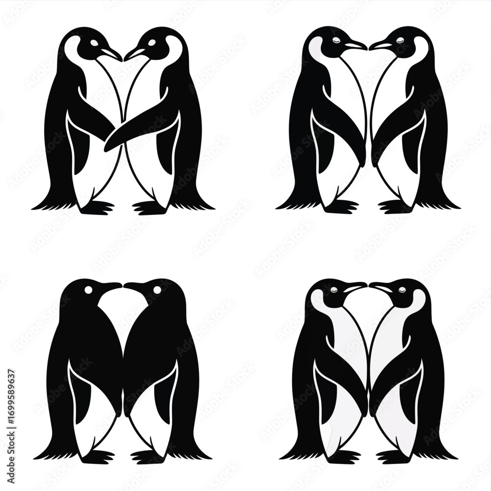 Obraz premium Cute Penguin Couple Vector Set in Black and White Romantic Hugging Bird Silhouettes for Valentine Cards, Eco Brand Packaging, Love Prints, Digital Assets & Wedding Invitations