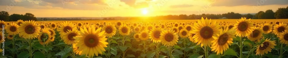 Obraz premium Golden hour sunlight bathes a vast field of sunflowers, creating a breathtaking landscape of vibrant yellow and green Perfect for summer, nature, and agriculture themes , peaceful, sunflowers