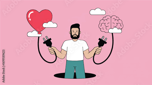Vector art of balancing heart and mind a man connecting emotion and logic with plugs