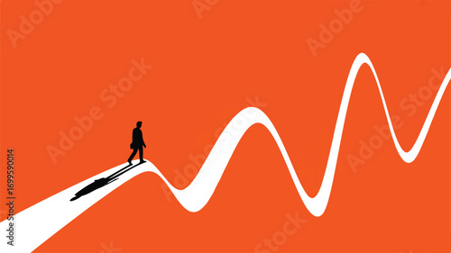 Vector art of silhouette of a man walking on a winding path on orange background illustration