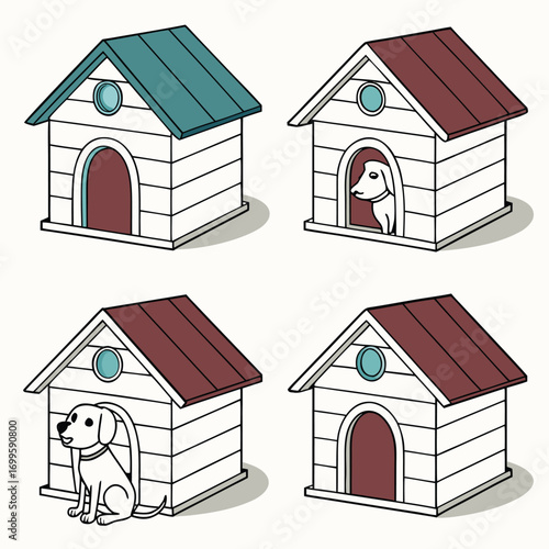Adorable dogs happily resting in their cozy, colorful dog houses, perfect for pet-themed designs and cheerful content