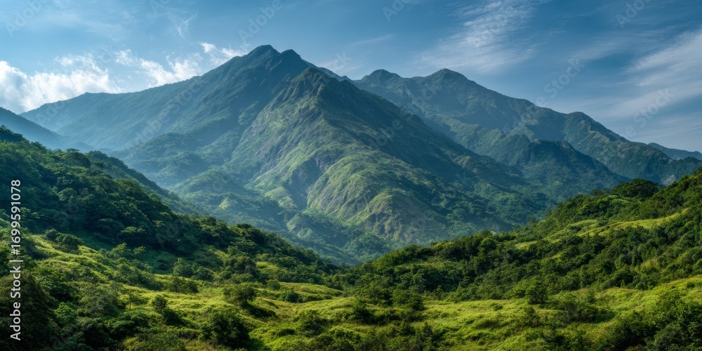 Fototapeta premium Vibrant mountain landscape with lush greenery and a clear sky, neutral background, editorial style