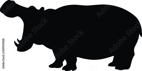 Black silhouette of a hippopotamus with open mouth, large wild animal standing sideways, isolated on white background, African wildlife, nature and safari concept