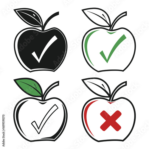 Stylish apple icons with checkmarks and cross symbols representing choices, decisions, and approval or rejection in a clean, modern design