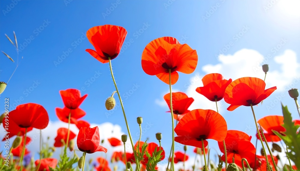 Fototapeta premium Vibrant red poppies against a bright blue sky