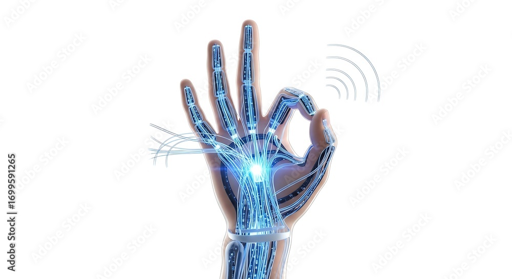 Naklejka premium Bionic Hand Making Ok Gesture with Glowing Circuits and Wireless Signals