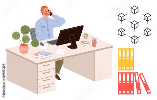 Man using phone at desk with computer and office supplies, blockchain network, and organized binders. Ideal for work, communication, blockchain, technology, productivity, organization strategy