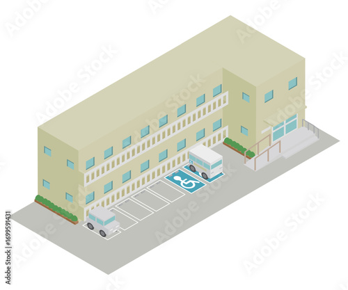 アイソメトリックな入居型の介護施設をイメージした建物のイラスト素材