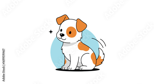 Adorable small white and brown puppy sitting playfully with a happy expression and wagging tail on a light blue circular background