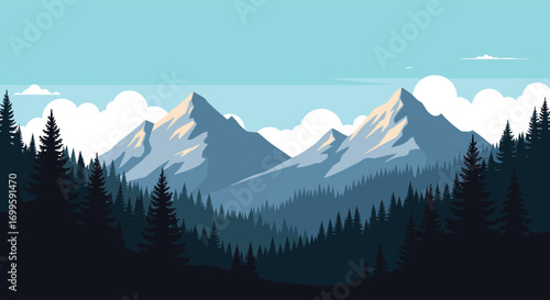Pixel art mountain range with dense forest foreground and cloudy sky overhead