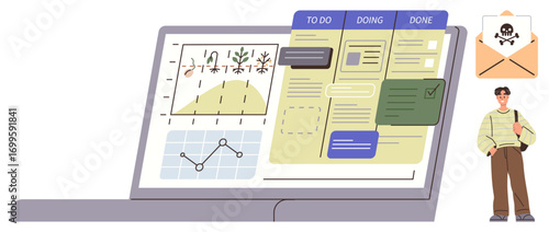 Laptop displaying analytics charts, a task management board with to-do lists, and an alert envelope with a cyber threat icon. Ideal for productivity, organization, digital planning, workflow