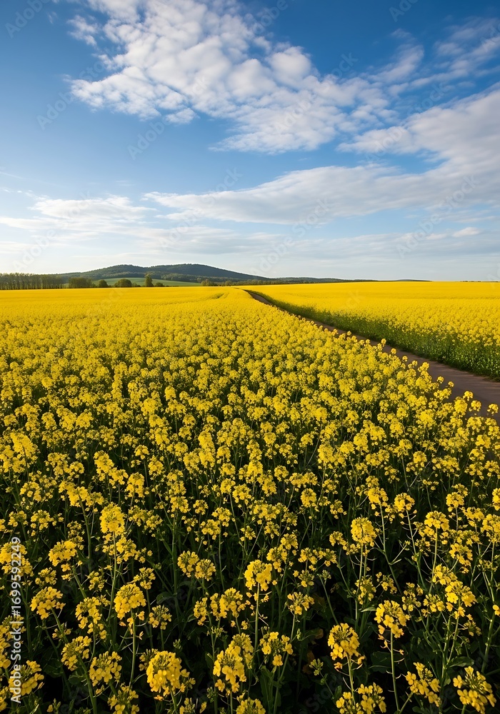 Obraz premium Vibrant canola field blossoms under clear skies with gentle white clouds