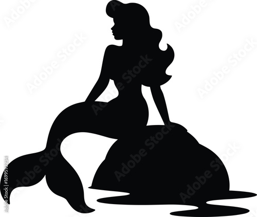 Black silhouette of beautiful mermaid sitting on rock, fantasy mythical creature, ocean water reflection, fairy tale illustration isolated on w 