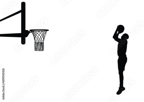 Silhouette of a basketball player in a jumping pose shooting a basketball into a hoop, isolated on a background.