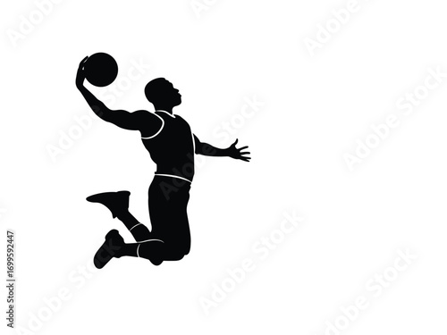 Silhouette of a basketball player in a jumping pose shooting a basketball.
