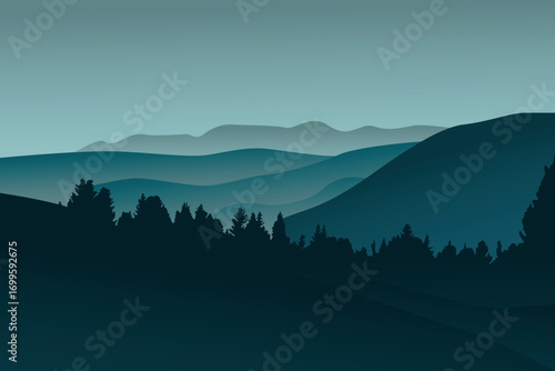 Mountain landscape panorama with forest. Minimalistic flat design in vector. Trendy colors.
