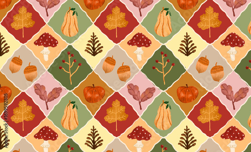 Seamless autumn pattern with pumpkins, leaves, and mushrooms arranged in colorful geometric tiles.