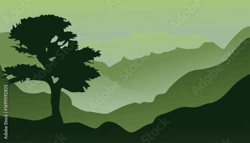 Abstract landscape poster. Modern art print with mountain landscape and nature. Vector illustration.