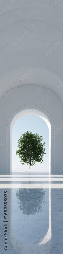 Obraz premium Green tree centered within a light archway. Calm minimalist architecture for environmental well-being and natural beauty concept.