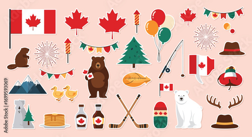 Collection of canadian national symbols and holiday icons celebrating canada day festivities