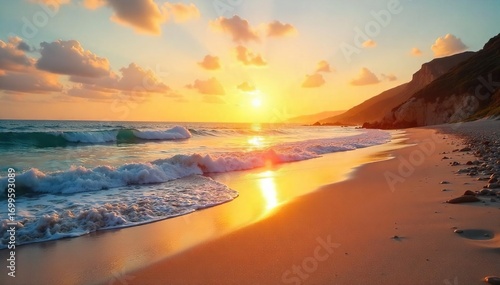 Golden hour sunlight bathes a tranquil sunrise beach, illuminating the sand and calm ocean waves Perfect for travel, vacation, and nature themes , dawn, coastline
