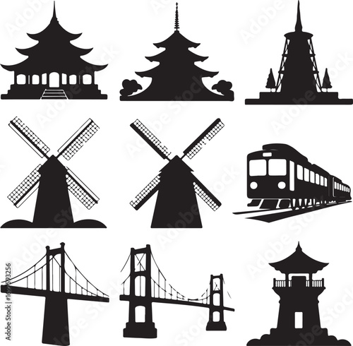Silhouette collection of Asian pagodas, windmills, train and suspension bridges Keywords