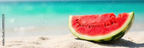 Sliced watermelon on a sunny beach, vibrant red flesh contrasting with the turquoise water, embodying ultimate summer relaxation , idyllic, vibrant