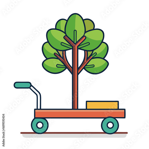 Tree being transported on a flatbed cart with wheels and handle