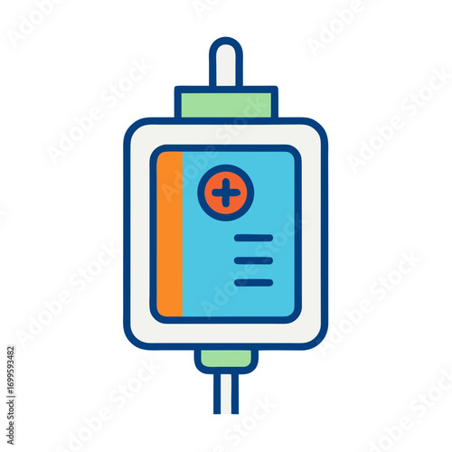 Medical iv drip bag icon with plus symbol and measurement lines