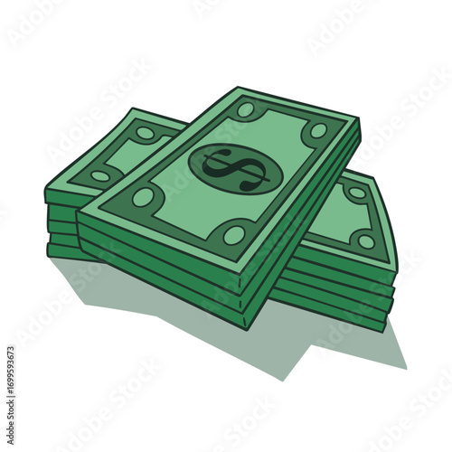 Digital Illustration of Stacks of US Dollar Bills with Green Banknotes and Dollar Symbol, Cartoon Style Money Concept Representing American Currency, Finance, Wealth, and Investment
