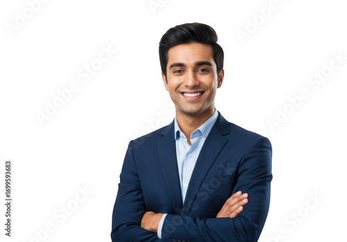 Professional smiling businessman with arms crossed in blue suit portrait stock photo for business use isolated on transparent background