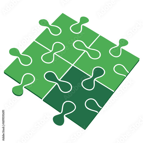 Interlocking green puzzle pieces forming a cohesive concept, symbolizing teamwork, strategy, and problem-solving success.