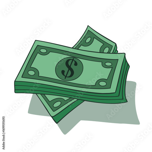 Digital Illustration of Stacks of US Dollar Bills with Green Banknotes and Dollar Symbol, Cartoon Style Money Concept Representing American Currency, Finance, Wealth, and Investment