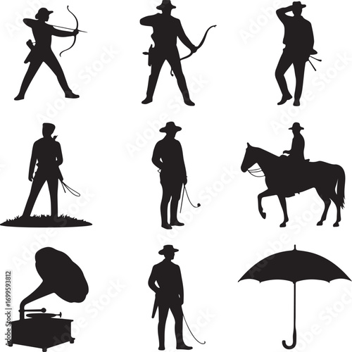 Silhouette collection of cowboys, a gramophone, and an umbrella Keywords: silhouette, cowboy, man