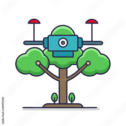 Drone integrated into a stylized tree with camera and antennas