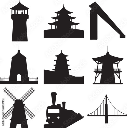 Silhouette collection of buildings, a windmill, a train, and a bridge Keywords: silhouette