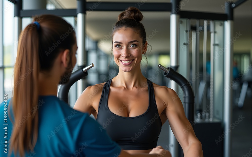 Obraz premium Front view of strong sportswoman sitting at chest exercising machine at gym with her trainer helping her. High quality