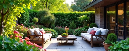Serene patio garden oasis featuring lush greenery, vibrant flowers, and comfortable seating Perfect for relaxation and outdoor entertaining Enjoy the tranquil ambiance , oasis, picturesque