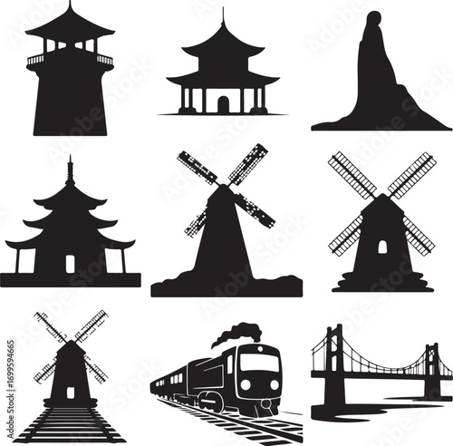 Silhouette Collection of Asian Architecture, Mills, and Bridges Keywords: pagoda, temple, pavilion