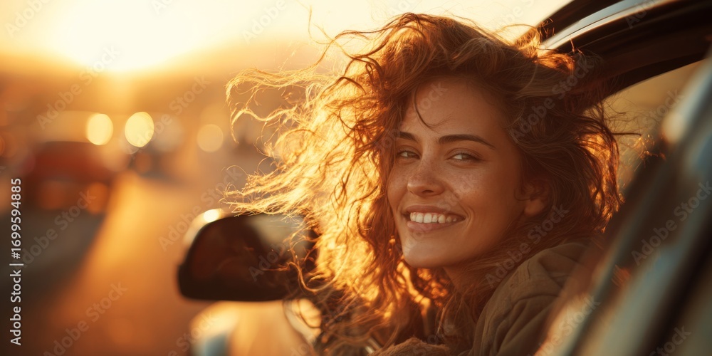 Fototapeta premium Joyful young woman enjoying a sunny drive with her head out of a car window in warm golden light